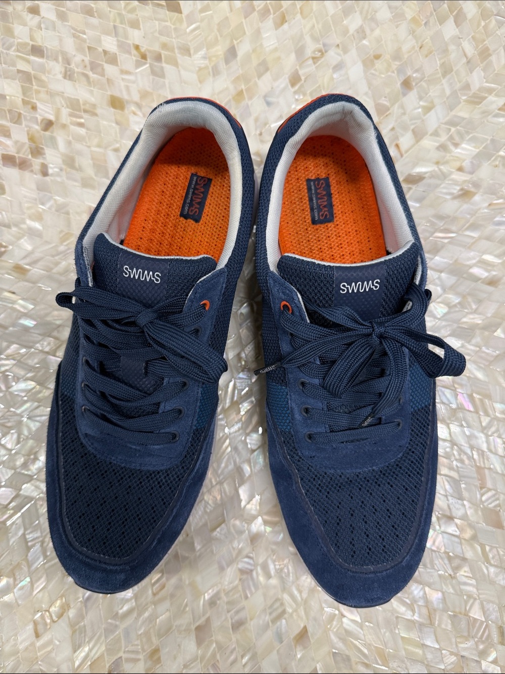 Swims Men's Navy Suede & mesh and Orange Low-Top Sneakers, Size 12